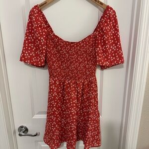 Abercrombie & Fitch Red Smocked Puff Sleeve Mini Dress